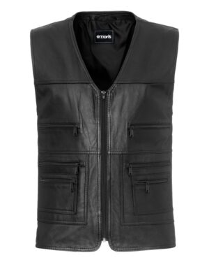 Kamizelka skórzana w kolorze czarnym, z zamkiem i wieloma kieszeniami na przodzie, idealna na chłodniejsze dni