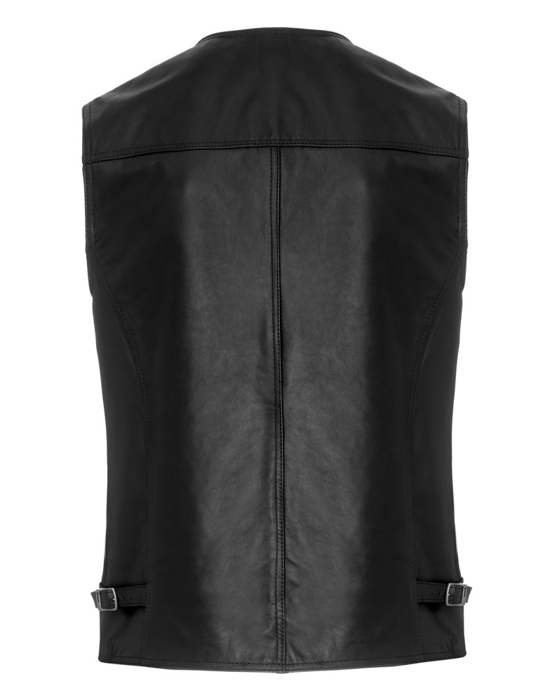 Kamizelka skórzana męska w kolorze czarnym, bez rękawów, z regulowanymi paskami po bokach