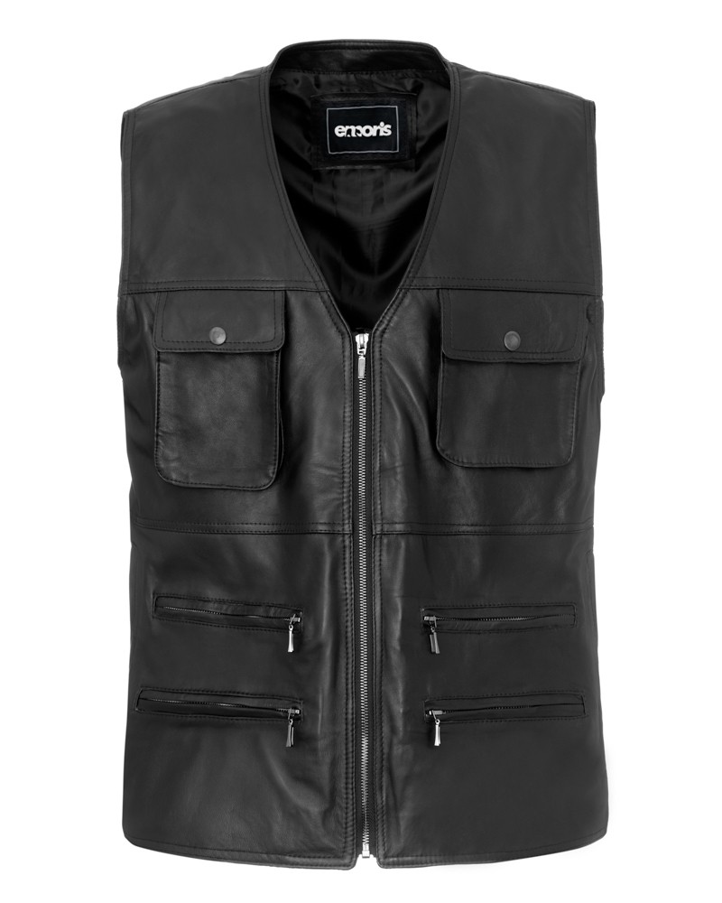 Kamizelka skórzana w kolorze czarnym z kieszeniami i zamkiem błyskawicznym z przodu