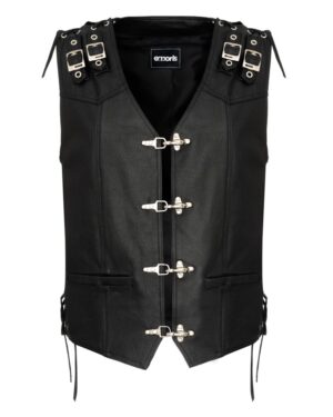 Kamizelka skórzana w kolorze czarnym z metalowymi klamrami i sznurowaniami po bokach