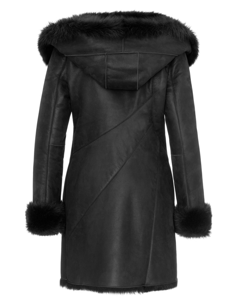 Kożuch damski z kapturem i futrzanym wykończeniem, elegancki krój z przeszyciami