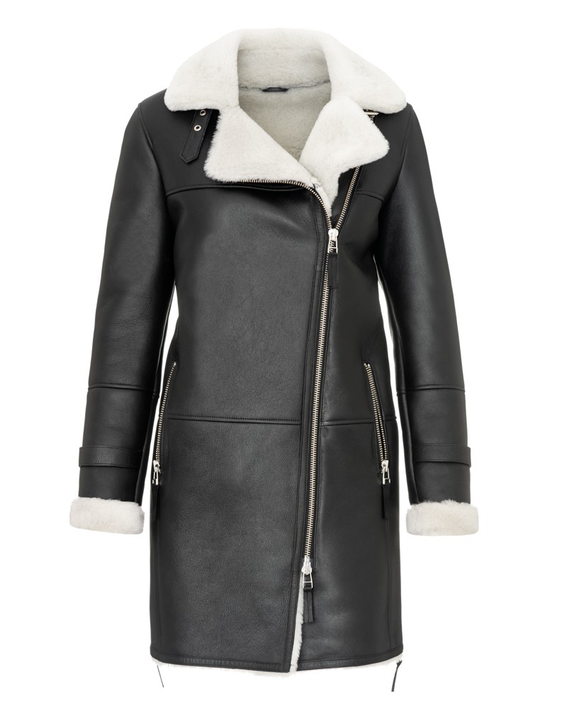 Kożuch damski z futrzanym kołnierzem i zamkiem błyskawicznym po bokach