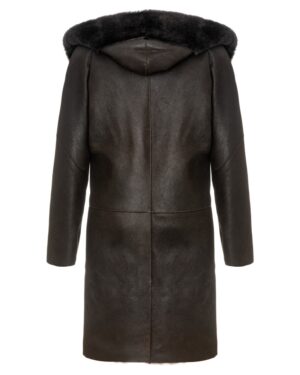 Ciemnobrązowy kożuch damski z kapturem i ozdobnym futrzanym wykończeniem z tyłu