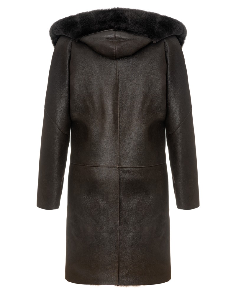 Ciemnobrązowy kożuch damski z kapturem i ozdobnym futrzanym wykończeniem z tyłu