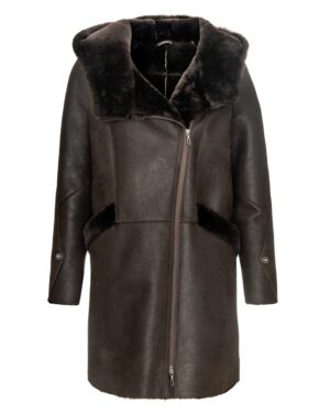Kożuch damski w ciemnym brązie, z kapturem i futrzanym kołnierzem, zapinany na zamek błyskawiczny