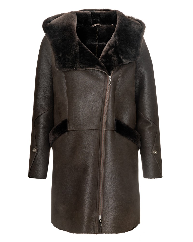 Kożuch damski w ciemnym brązie, z kapturem i futrzanym kołnierzem, zapinany na zamek błyskawiczny