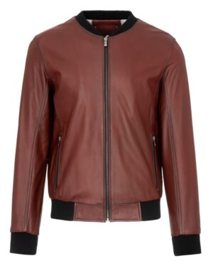 Bomberka skórzana w kolorze burgundowym z kontrastowymi ściągaczami i zamkiem błyskawicznym