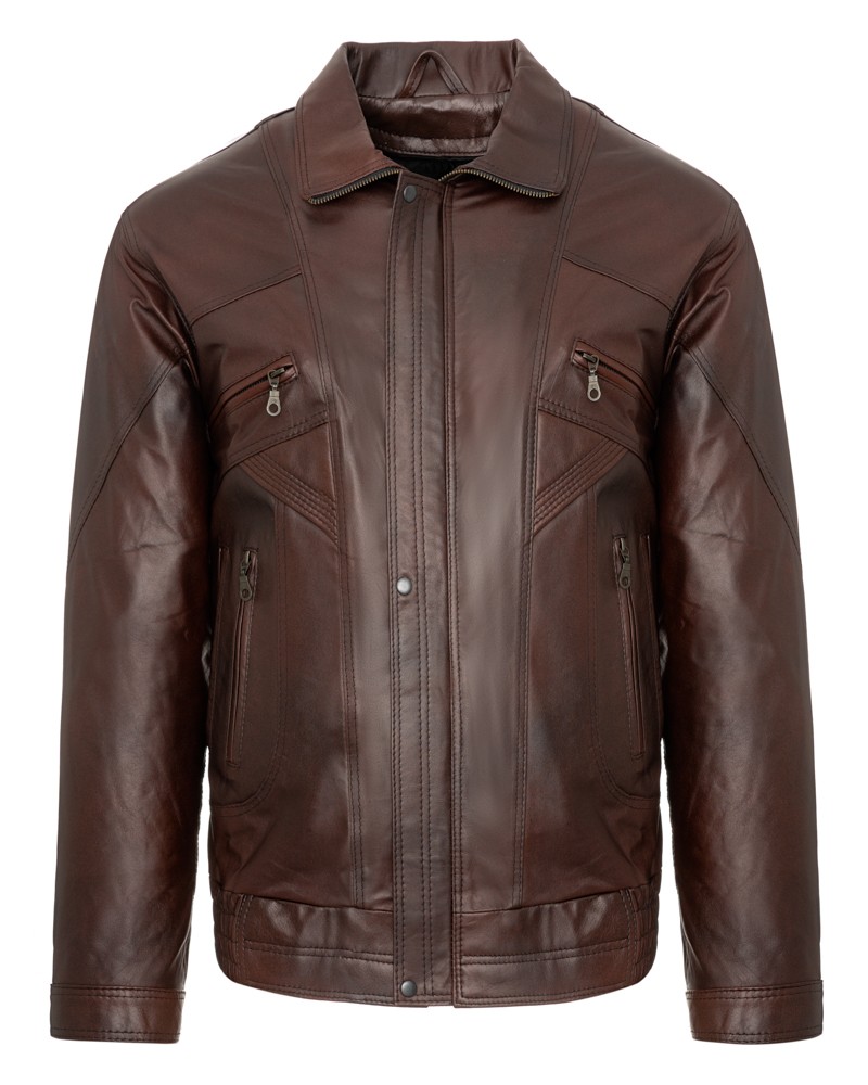 Kurtka skórzana męska w ciemnym brązie z zamkami, klasycznym kołnierzem i kieszeniami z przodu