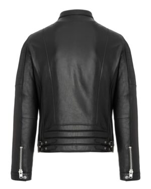 Kurtka skórzana męska w kolorze czarnym, z ozdobnymi przeszyciami i metalowymi zamkami po bokach