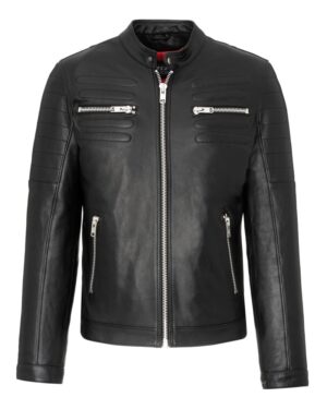 Kurtka skórzana męska w kolorze czarnym z ozdobnymi zamkami i minimalistycznym krojem, idealna na chłodne dni