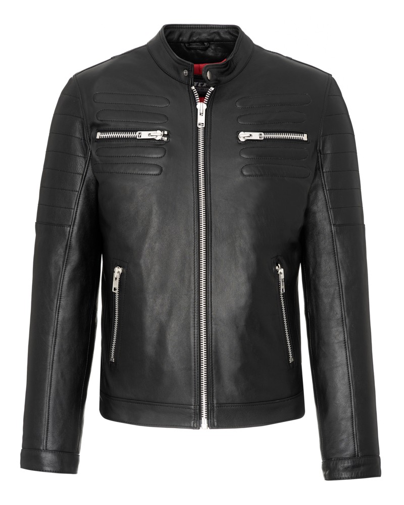 Kurtka skórzana męska w kolorze czarnym z ozdobnymi zamkami i minimalistycznym krojem, idealna na chłodne dni