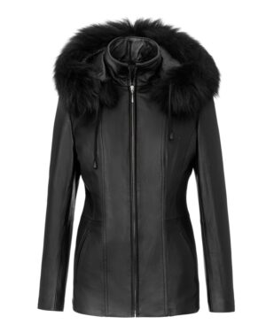 Kurtka skórzana damska w kolorze czarnym z futrzanym kapturem i dopasowanym krojem