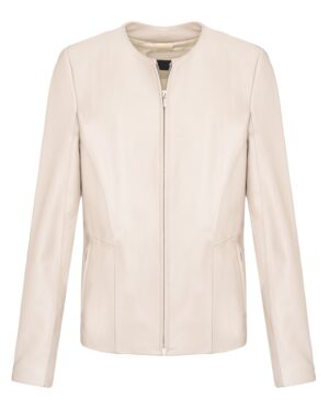 Kurtka skórzana damska w jasnym kolorze, o prostym kroju, z okrągłym dekoltem i zamkiem błyskawicznym