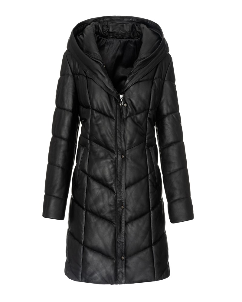 Płaszcz skórzany damski z kapturem, pikowana, zapinana na zamek, z kieszeniami po bokach