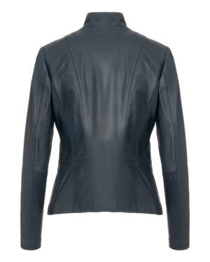 Kurtka skórzana damska w ciemnoniebieskim kolorze z dopasowanym krojem i stójką przy szyi