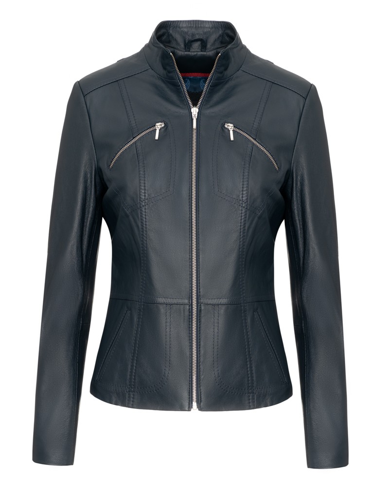 Kurtka skórzana damska w ciemnoniebieskim kolorze, dopasowany krój, z zamkami na piersiach i stójką