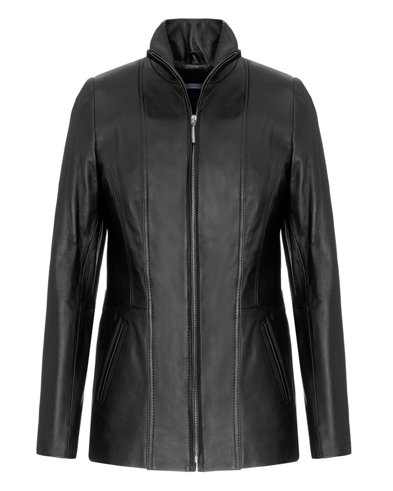 Kurtka skórzana damska w kolorze czarnym, z wysokim kołnierzem i delikatnym dopasowaniem w talii