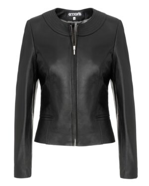 Kurtka skórzana damska w kolorze czarnym, z okrągłym kołnierzem i subtelnymi przeszyciami na ramionach