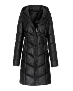 Płaszcz skórzany damski z kapturem, pikowana, z zamkiem i guzikami, idealna na zimowe dni