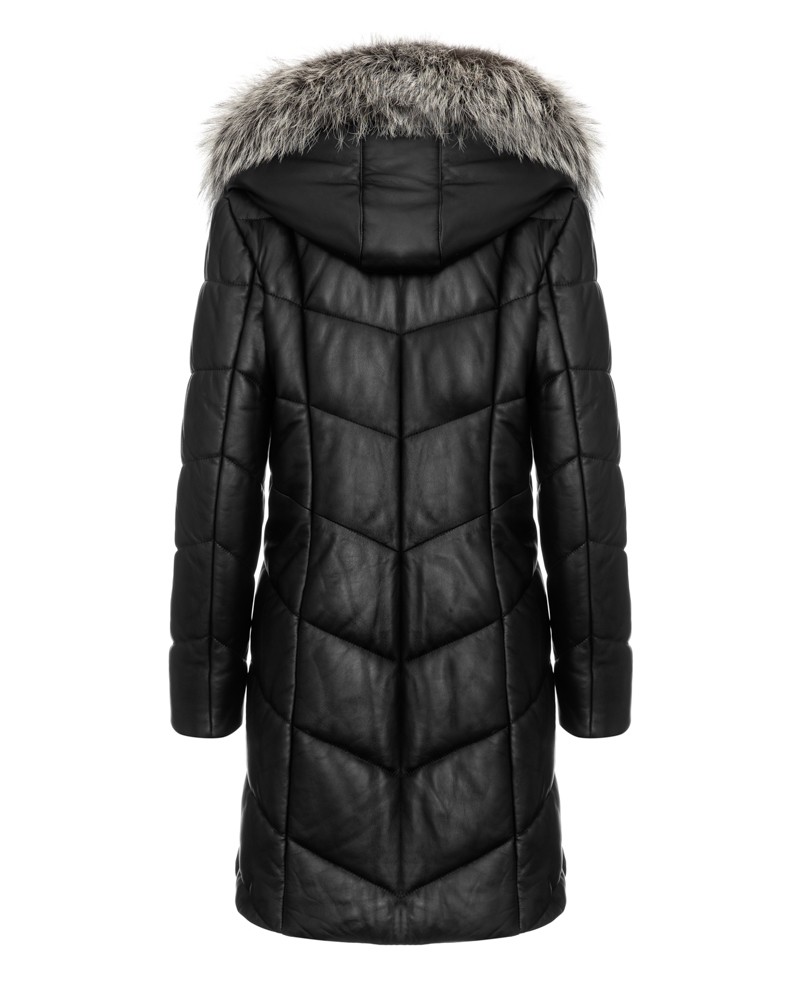 Płaszcz skórzany damski z kapturem i futrzanym wykończeniem, pikowana, o długim kroju