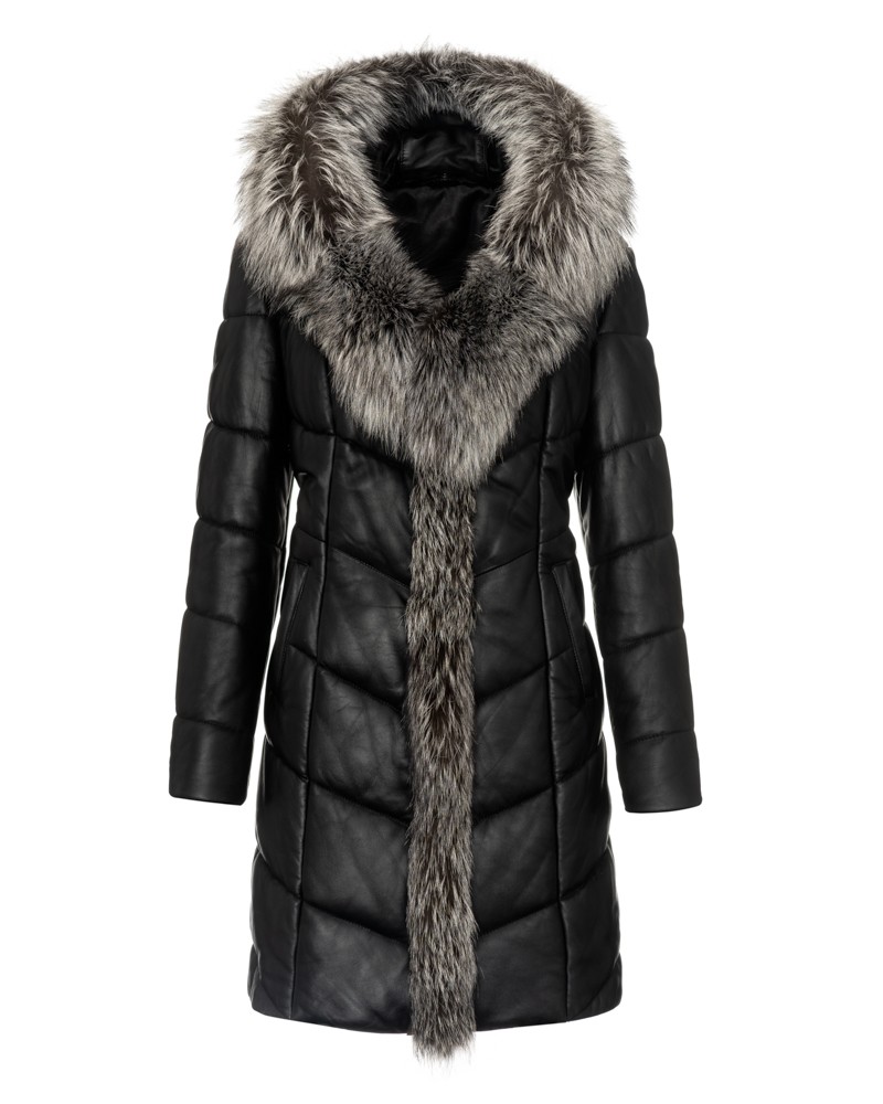 Płaszcz skórzany damski w kolorze czarnym z futrzanym kołnierzem i pikowanym wzorem