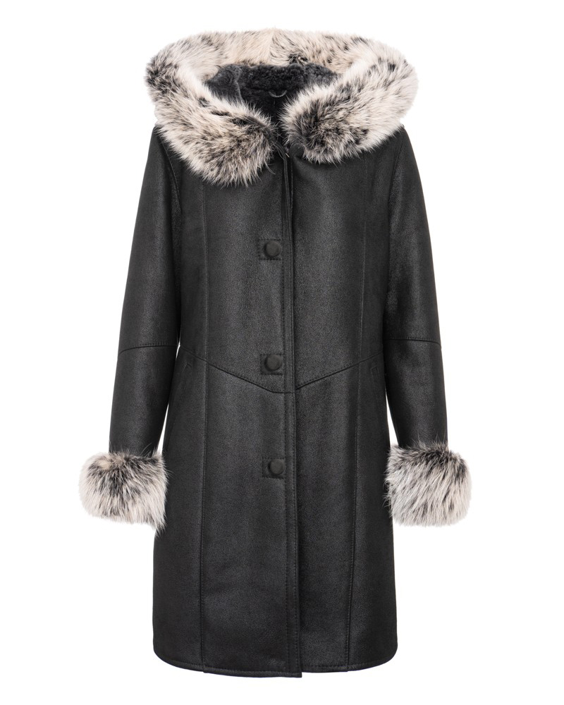 Kożuch damski w kolorze czarnym z futrzanym kołnierzem i mankietami, idealny na zimowe dni