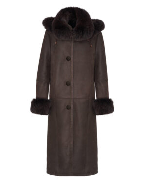 Kożuch damski w ciemnym brązie z futrzanym kołnierzem i mankietami, zapinany na guziki