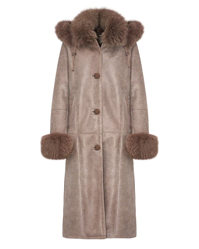 Kożuch damski w beżowym kolorze z futrzanym kapturem i mankietami, idealny na zimowe dni
