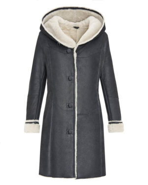 Kożuch damski w kolorze popiel z kapturem i futrzanym wykończeniem, zapinany na guziki