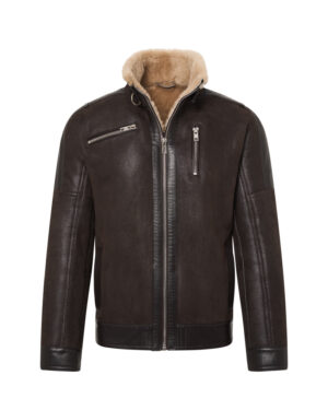 Brązowy kożuch męski z naturalnej skóry z jasnym futrem i zamkami