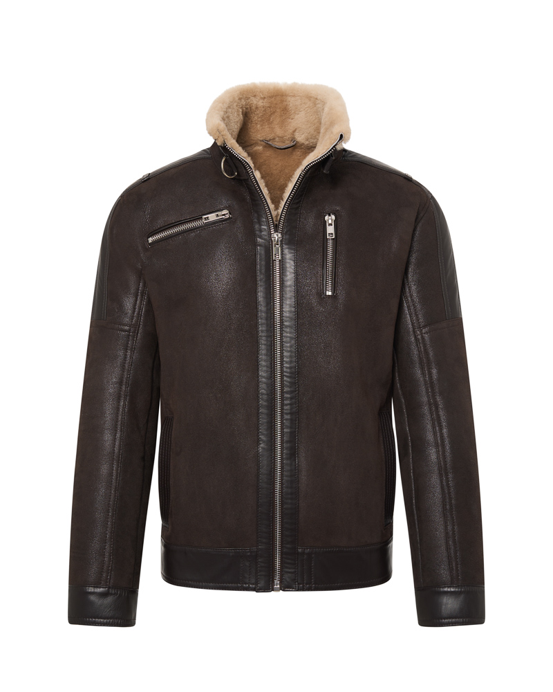 Brązowy kożuch męski z naturalnej skóry z jasnym futrem i zamkami