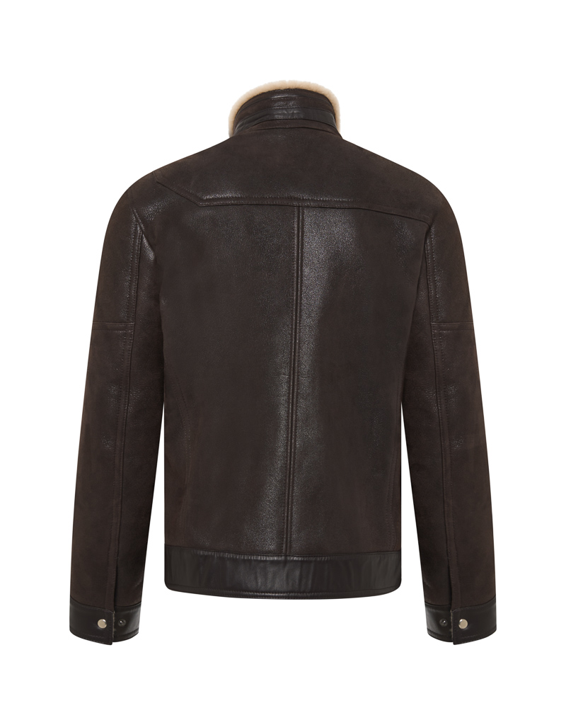 Brązowy kożuch męski z naturalnej skóry z jasnym futrem i zamkami