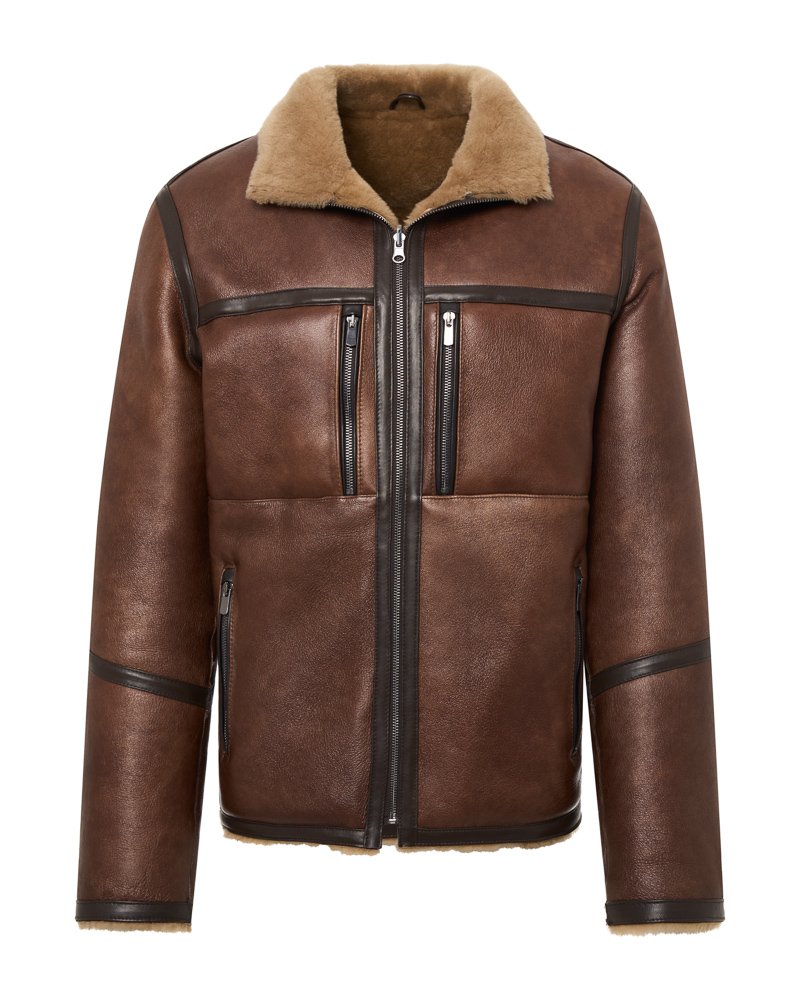 Brązowy kożuch męski dwustronny z naturalnej skóry i futrem