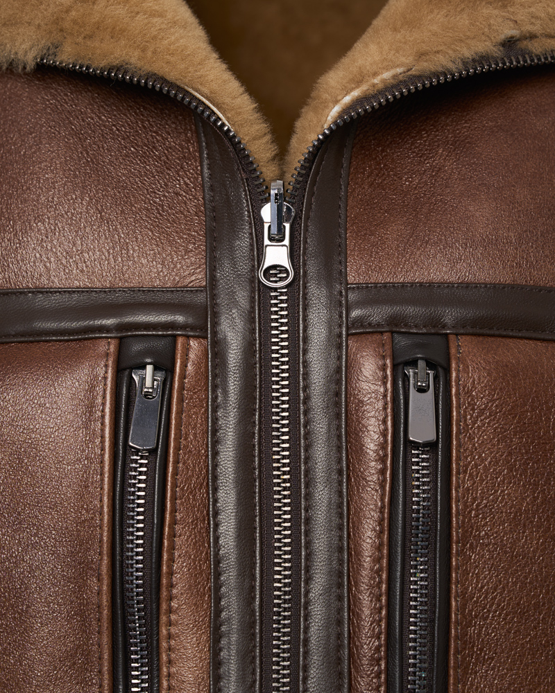 Brązowy kożuch męski dwustronny z naturalnej skóry i futrem