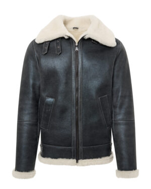 Czarny kożuch męski pilotka z jasnym futrem i kołnierzem