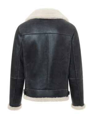 Czarny kożuch męski pilotka z jasnym futrem i kołnierzem