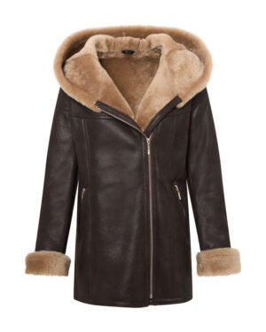 Brązowy kożuch damski z naturalnej skóry z kapturem i jasnym futrem