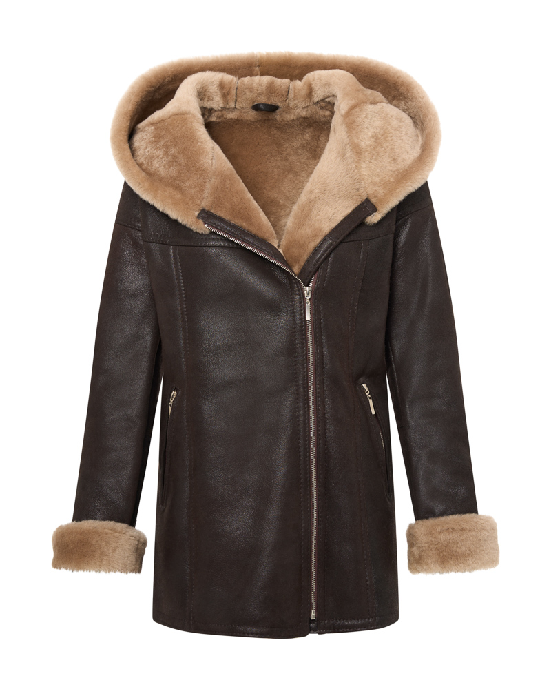 Brązowy kożuch damski z naturalnej skóry z kapturem i jasnym futrem