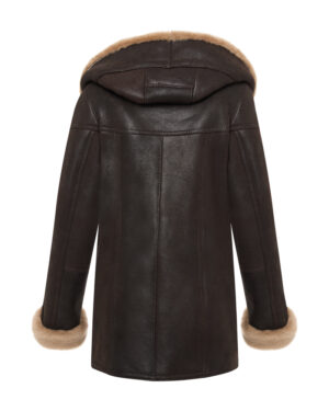 Brązowy kożuch damski z naturalnej skóry z kapturem i jasnym futrem