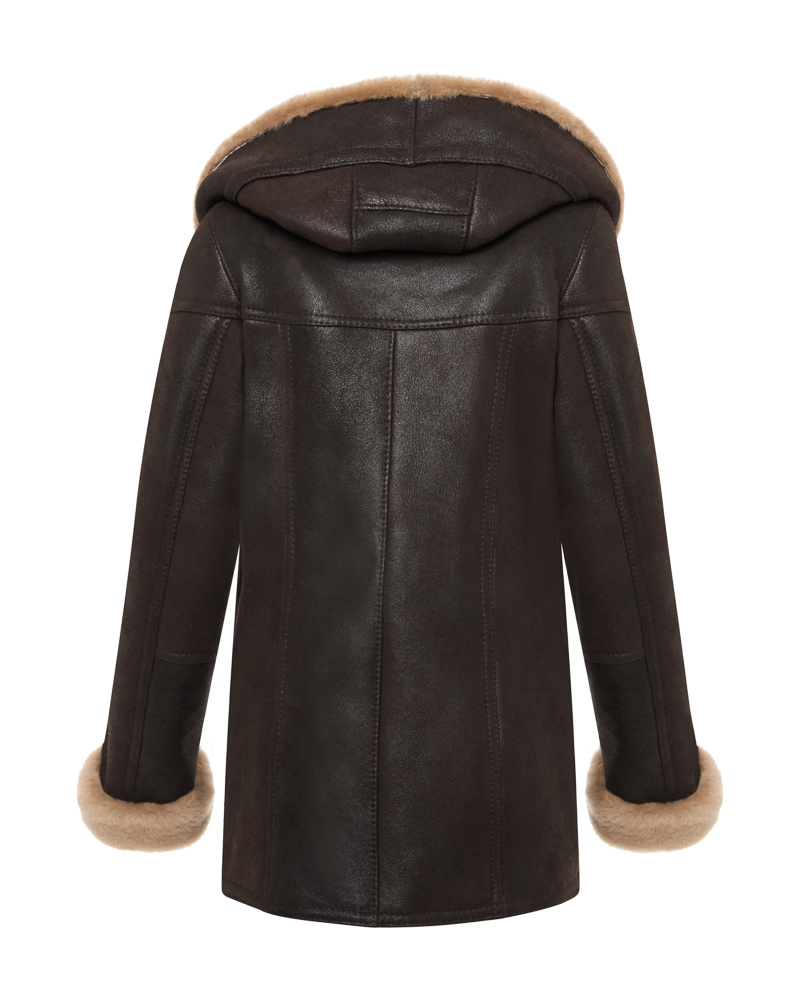 Brązowy kożuch damski z naturalnej skóry z kapturem i jasnym futrem