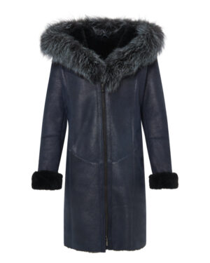 Granatowy kożuch damski z naturalnej skóry z futrzanym kapturem – kożuszek EMORIS