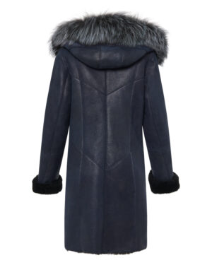 Granatowy kożuch damski z naturalnej skóry z futrzanym kapturem – kożuszek EMORIS