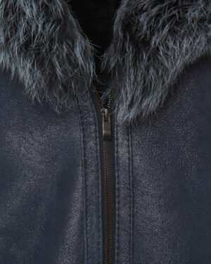 Granatowy kożuch damski z naturalnej skóry z futrzanym kapturem – kożuszek EMORIS