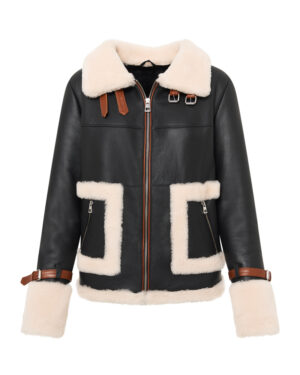 Czarny kożuch damski z naturalnej skóry z jasnym futrem i brązowymi paskami