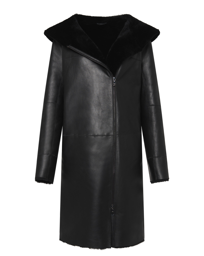 Czarny kożuch damski z naturalnej skóry z kapturem – kożuszek damski