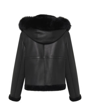 Czarny kożuch damski z naturalnej skóry z futrem i kapturem