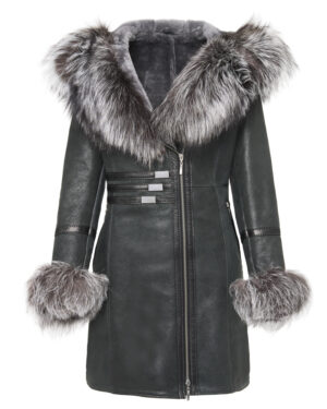 Grafitowy kożuch damski z futrzanym kołnierzem i mankietami – kożuszek naturalny
