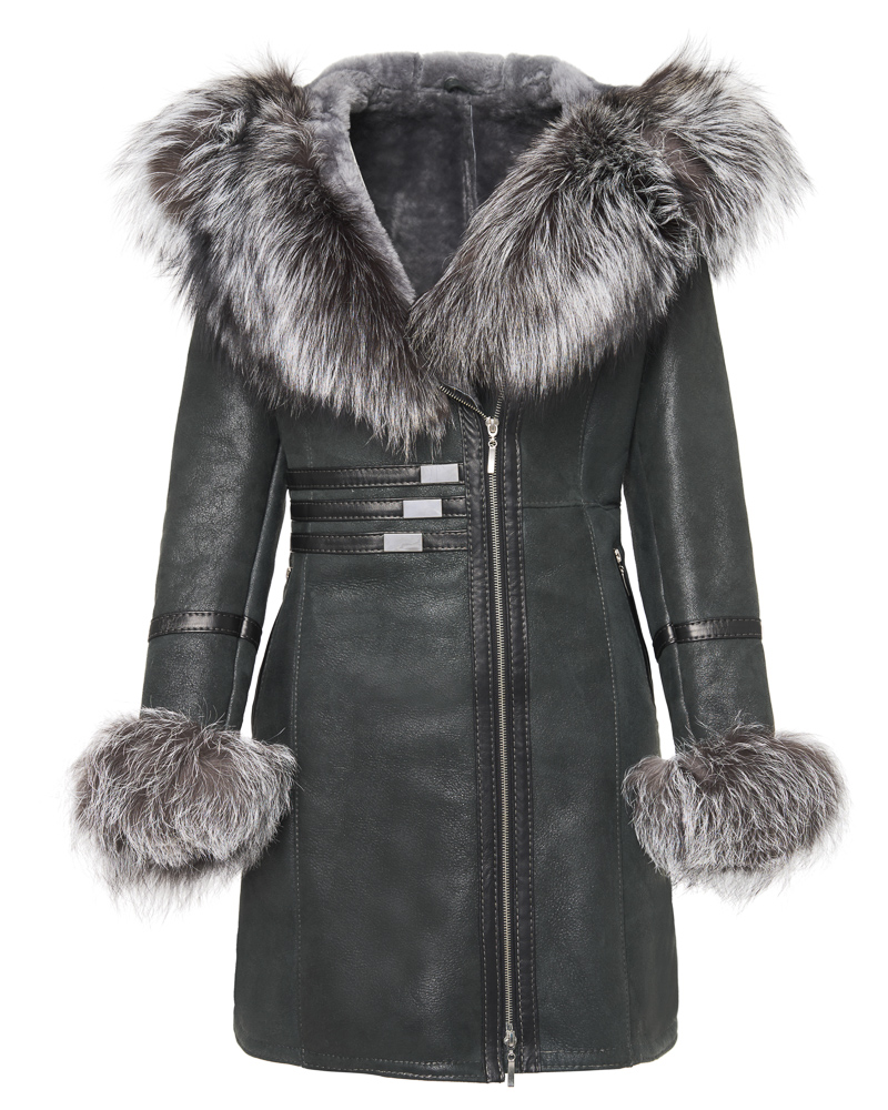 Grafitowy kożuch damski z futrzanym kołnierzem i mankietami – kożuszek naturalny