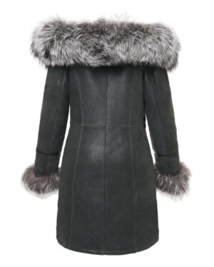 Grafitowy kożuch damski z futrzanym kołnierzem i mankietami – kożuszek naturalny