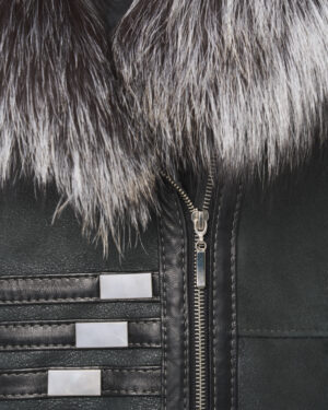 Grafitowy kożuch damski z futrzanym kołnierzem i mankietami – kożuszek naturalny